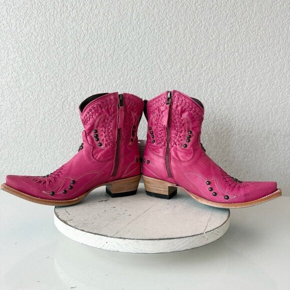 Lane COSSETTE Womens Cowboy Booties 6.5 Western Cowgirl Short Boots Pink Leather - Picture 8 of 12